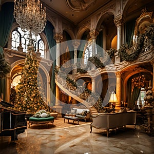 Opulent mansion living room Christmas decorations