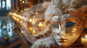 Opulent Masquerade Masks Laid on a Velvet Table The feathers and jewels blur into luxury