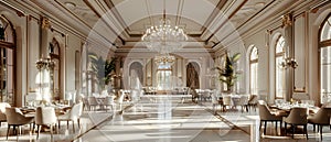 Opulent Minimalist Dining Hall with Crystal Chandeliers. Concept Opulent Interiors, Minimalist