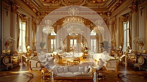 Opulent neoclassical drawing room with chandeliers and gold trim, professionally captured photo