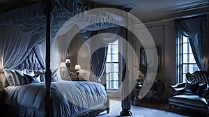 An opulent penthouse bedroom with a fourposter bed