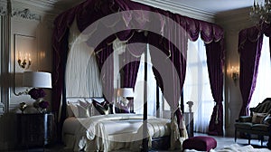 An opulent penthouse bedroom with a fourposter bed