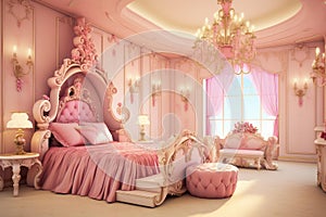 Opulent Princess pink royal bedroom. Generate Ai