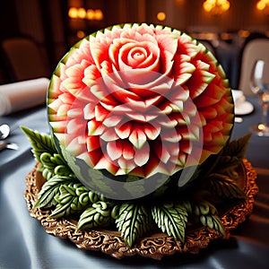 Opulent Watermelon Display: Elegance in Carved Form. photo