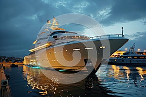 Opulent yacht with radiant lights docked at a harbor during the serene twilight hour