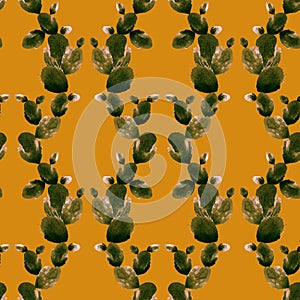 Opuntia cactus seamless pattern on the orange color background for package, fabric, wrapping.