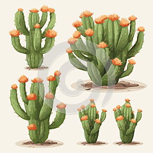 Opuntia Cactus set vector flat minimalistic isolated illustration