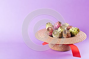 Opuntia fruit in a straw hat on a trendy purple background. Prickly pear or Fichi Dindia Salento, Puglia. Minimalism, pop art photo