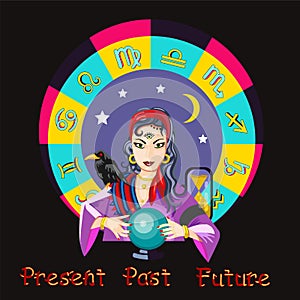 The oracle girl predicts the future on a magic ball vector illus