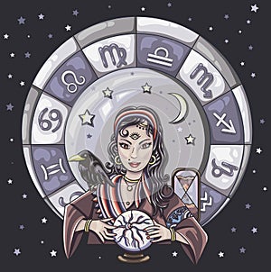 The oracle girl predicts the future on a magic ball. Zodiac signs vector illustration