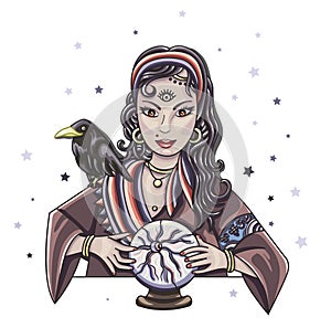 The oracle girl predicts the future on a magic ball. Zodiac signs vector illustration