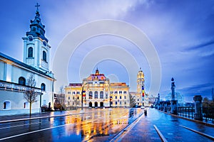 Oradea, Crisana - City Hall rainy day reflection, Transylvania, Romania destination