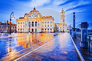 Oradea, Crisana - City Hall rainy day reflection, Transylvania, Romania destination