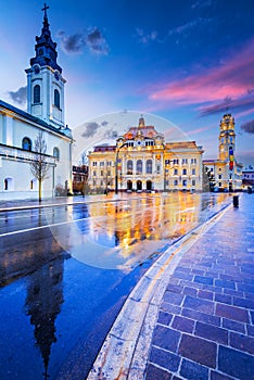 Oradea, Crisana - City Hall rainy day reflection, Transylvania, Romania destination photo