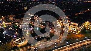 Oradea, Romania. Aerial drone flight over Christmas Market, Europe