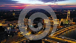 Oradea, Romania. Aerial drone flight over Christmas Market, Europe