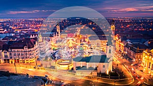 Oradea, Romania. Aerial view of Christmas Market in Crisana - Transylvania, Eastern Europe