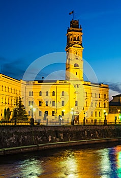 Oradea Town Hall Tower at twilight, Romania