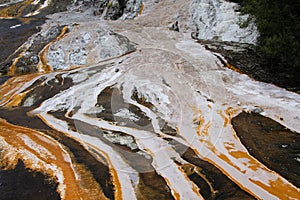 Orakei Korako hidden geothermal valley - Emerald terrace: Close up of colorful rainbow sinter terrace