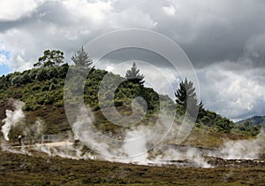 Orakei Korako hidden geothermal valley: View on steaming hills Fumaroles