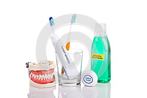 Oral care essential products tapered toothbrush, toothpaste, mouthwash, dental floss