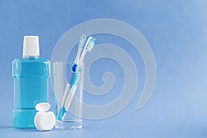 Oral care toothbrush, dental floss, mouthwash .Concept oral hygiene.