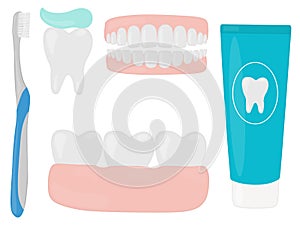 Oral cavity treatment brushing teeth toothpaste toothbrush dental floss vector illustration