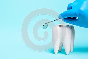 Oral dental hygiene. Healthy white tooth and dentist mirror in doctors hand in blue rubber glove on light blue background. Free