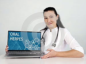 ORAL HERPES Cold Sores text in menu. Neurologist looking for something at laptop