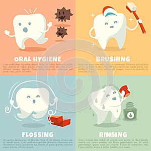 Oral hygiene banners with cute tooth. Brushing, flossing and rinsing