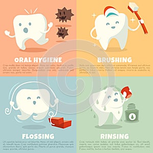 Oral hygiene banners with cute tooth. Brushing, flossing and rinsing photo