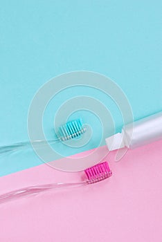 Oral hygiene care for him and her, vertical pink and blue layout with place for brand or text