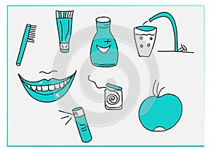 Oral Hygiene  Dental  Theme Icons Set  and Illustrations of Healthy Teeth Treatments