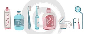 Oral hygiene set, dental care symbols: tooth brush, tooth paste, dental floss. Vector Illustration for backgrounds, covers,