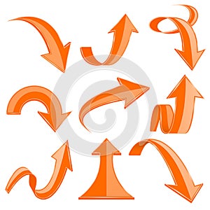 Orange 3d arrows. Bent and curled up icons