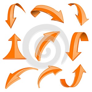 Orange 3d shiny arrows. Set of bent icons