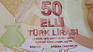 Orange 50 Turkish lira banknote