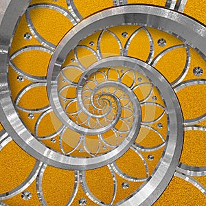 Orange abstract round spiral background pattern fractal. Silver metal spiral orange decorative ornament element. Metal texture