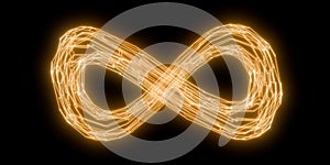 Orange abstract wireframe glowing infinty symbol isolated on black background, eternity or limitless concept photo