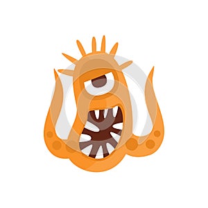 Orange Aggressive Malignant Bacteria Monster With Sharp Teeth And Two Tentacles Cartoon Vector Illustration