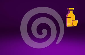 Orange Alcohol drink Rum bottle and glass icon isolated on purple background. Minimalism concept. 3d illustration 3D