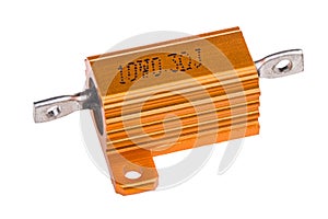 Orange aluminum encased power resistor isolated on white background photo