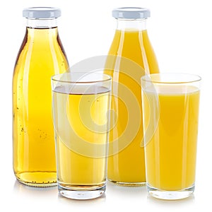 Orange and apple juice drink glass and bottle isolated on white