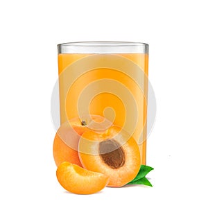 Orange apricots with leaf and apricot juice isolated on a white background