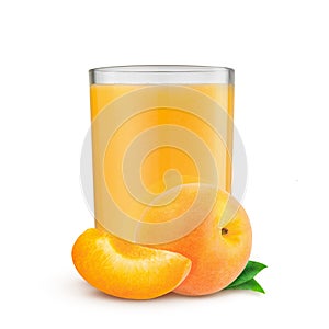 Orange apricots with leaf and apricot juice isolated on a white background