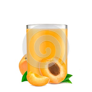 Orange apricots with leaf and apricot juice isolated on a white background