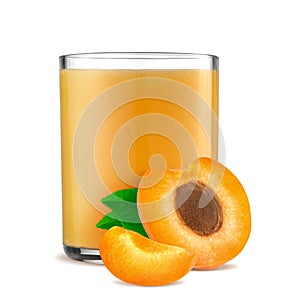 Orange apricots with leaf and apricot juice isolated on a white background