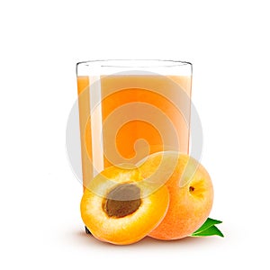 Orange apricots with leaf and apricot juice on a white background