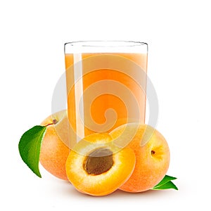 Orange apricots with leaf and apricot juice on a white background
