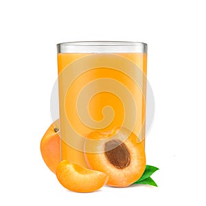 Orange apricots with leaf and apricot juice on a white background